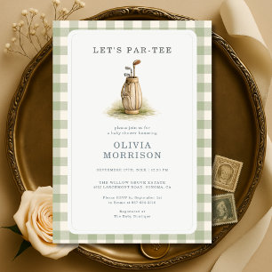 Golf Par-Tee Gingham Sage Green Baby Shower Invitation