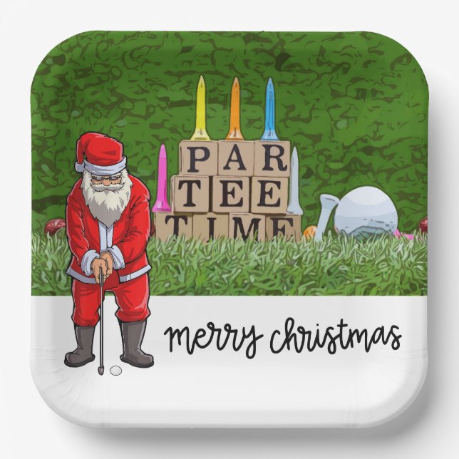 Golf Par tee party Santa Claus Christmas funny  Paper Plate (Front)