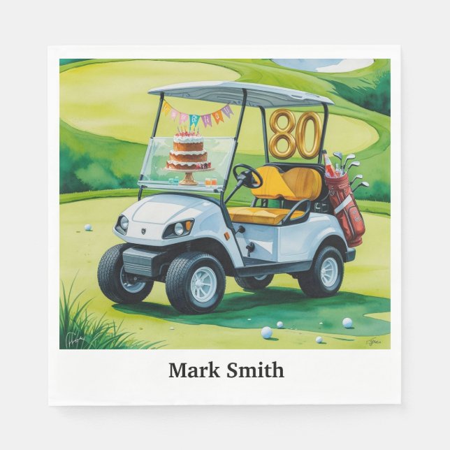 Golf Party  80th Birthday with golf cart on green  Napkin (Front)