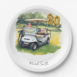Golf Party 80th Birthday with golf cart on green Paper Plate