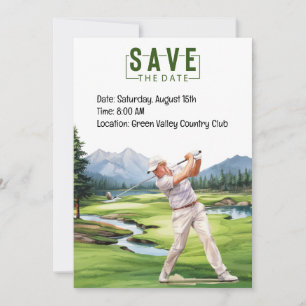 Golf Party invitation card watercolor with golfer 