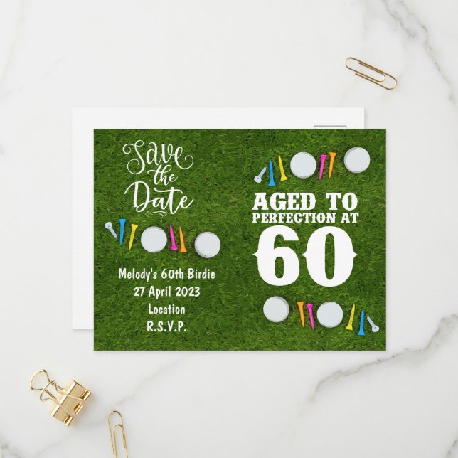 Golf Party invitation Save the Date 60th Birthday Postcard (Front/Back In Situ)