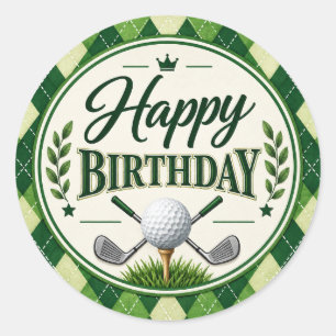Golf Party Par Tee Green Argyle Happy Birthday  Classic Round Sticker