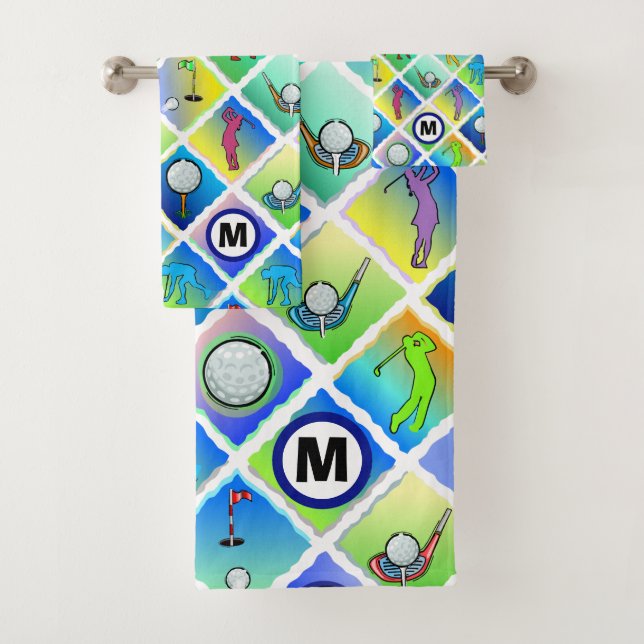 Golf Pattern Blue Initial Bath Towel Set (Insitu)