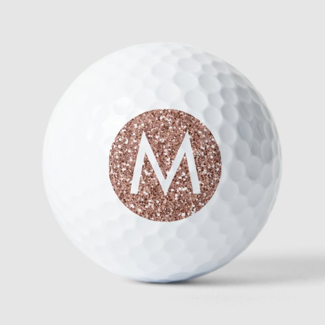 Golf Pink Monogram Initial Rose Gold Glitter Balls (Front)
