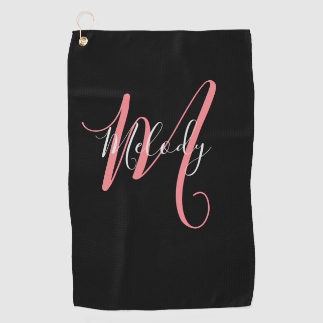 Golf Pink  Monogram with white script on black Towel (Front)