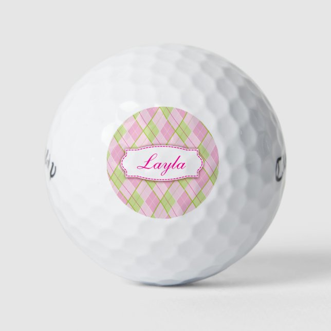 Golf pink plaid personalised named golf balls (Front)