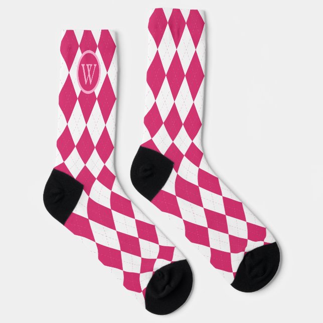 Golf Pink White Argyle Pattern Monogram Socks (Right)