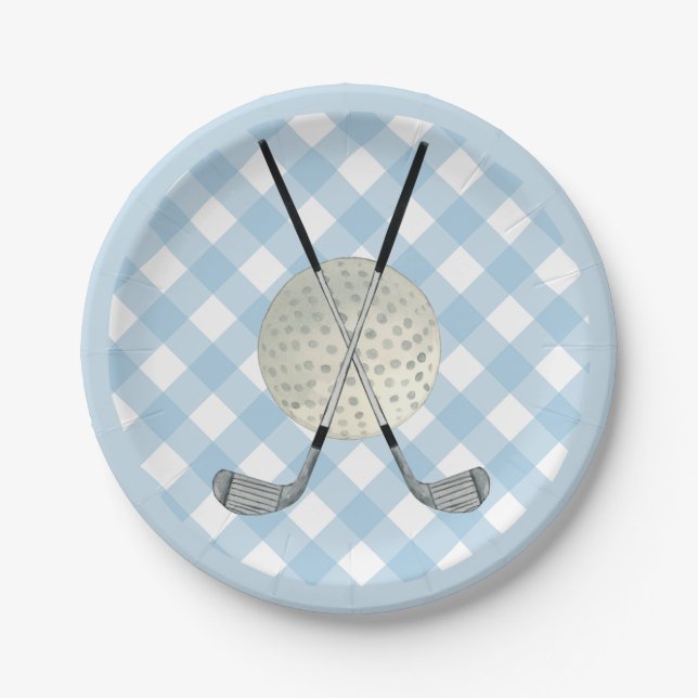 Golf Plaid Blue White Preppy Country Club Paper Plate (Front)