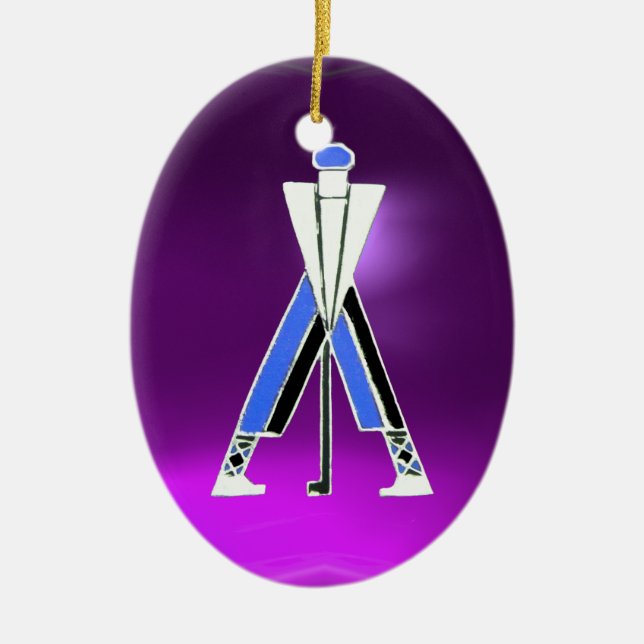 GOLF PLAYER,BLUE GOLFER PURPLE AMETHYST MONOGRAM CERAMIC TREE DECORATION (Front)
