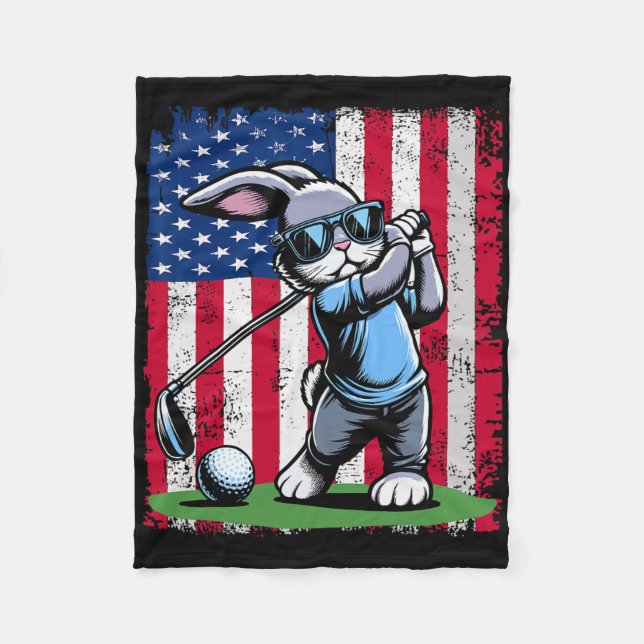Golf Player Bunny Easter Egg Golfers American Flag Fleece Blanket (Front)