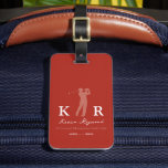 Golf Player Cool Classy Monogram Red Luggage Tag<br><div class="desc">An elegant and stylish tag to identify your golf things... with a monogrammed design for golf players, to personalize with his name and initials on a brick red background... and with template to add a slogan or name of the Golf Club. It features a classic design with a male golfer...</div>