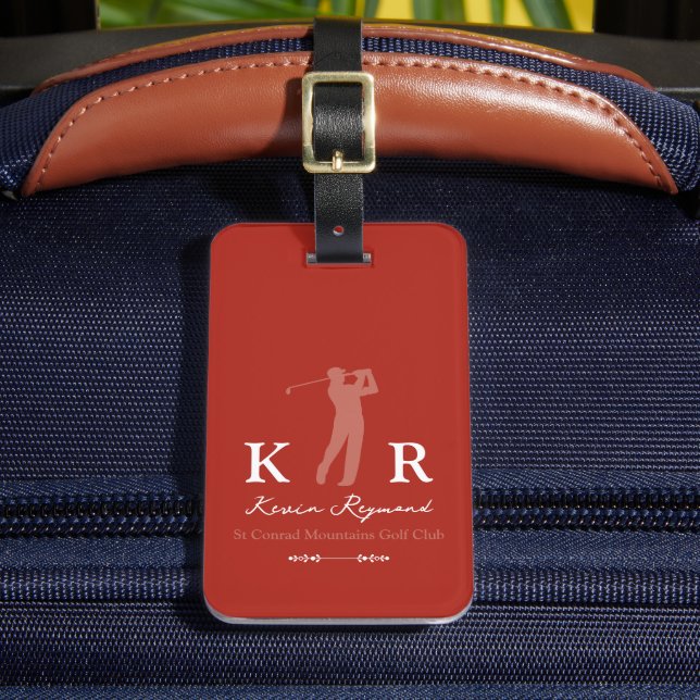 Golf Player Cool Classy Monogram Red Luggage Tag (Front Insitu 2)