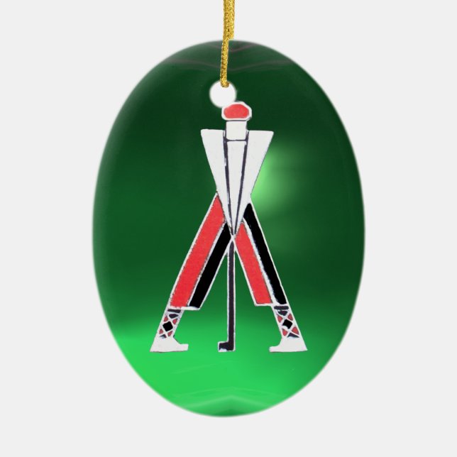 GOLF PLAYER,GOLFER RED RUBY,GREEN EMERALD MONOGRAM CERAMIC TREE DECORATION (Front)