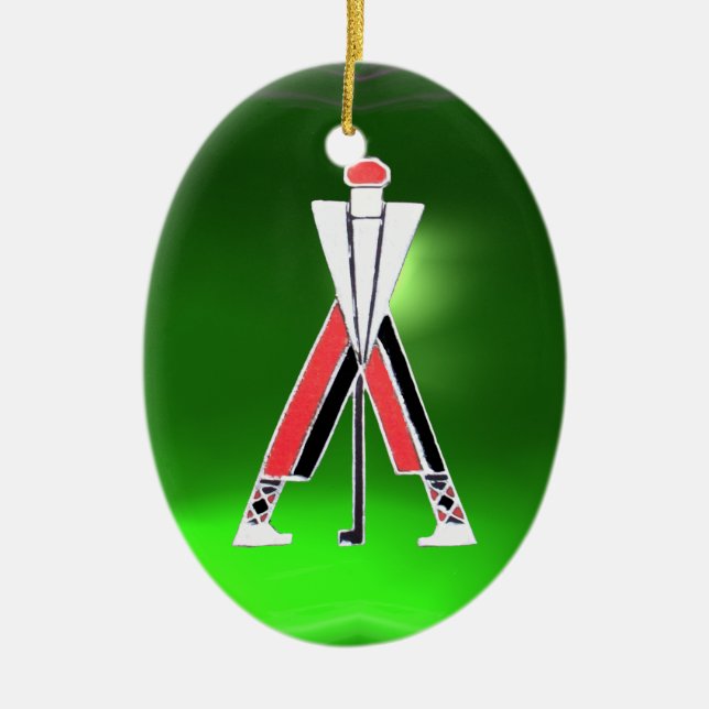 GOLF PLAYER,GOLFER RED RUBY,GREEN EMERALD MONOGRAM CERAMIC TREE DECORATION (Front)
