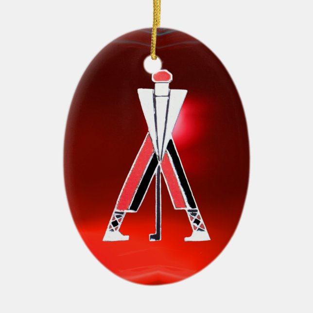 GOLF PLAYER,GOLFER RED RUBY MONOGRAM CERAMIC TREE DECORATION (Front)