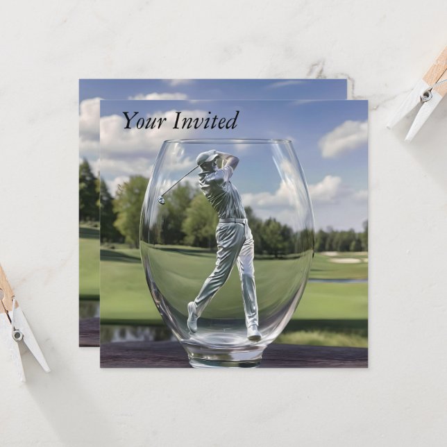 Golf Player In A Glass Tumbler With Golf Course, Invitation (Front/Back In Situ)