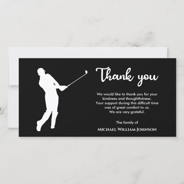 Golf Player Memorial Funeral Black And White Thank You Card (Front)