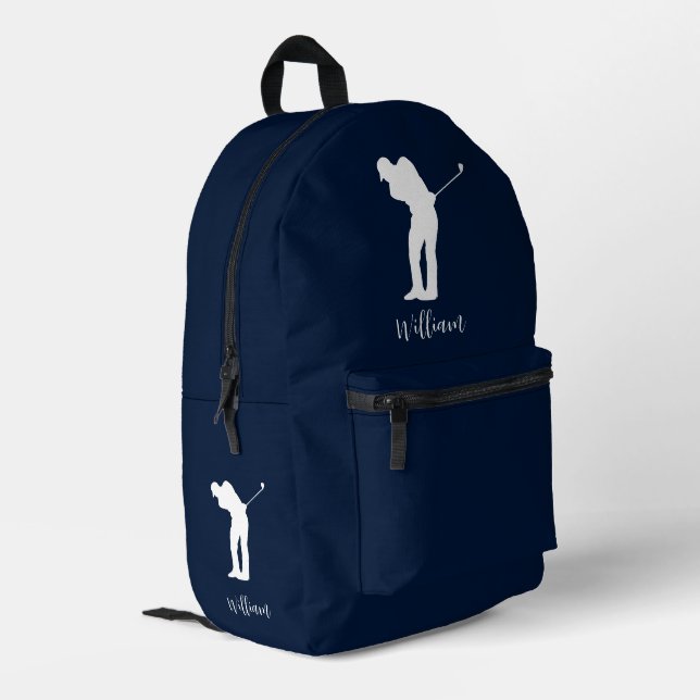 Golf Player Script Monogram Navy Blue Printed Backpack (Back Corner Left)