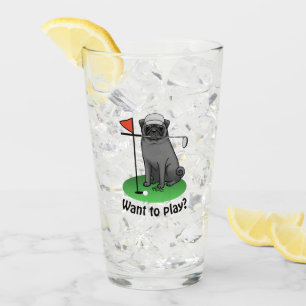 Golf Pug Playing Golf (black) Cute Dog Funny Glass