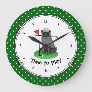 Golf Pug Playing Golf (black) Cute Dog Funny Large Clock