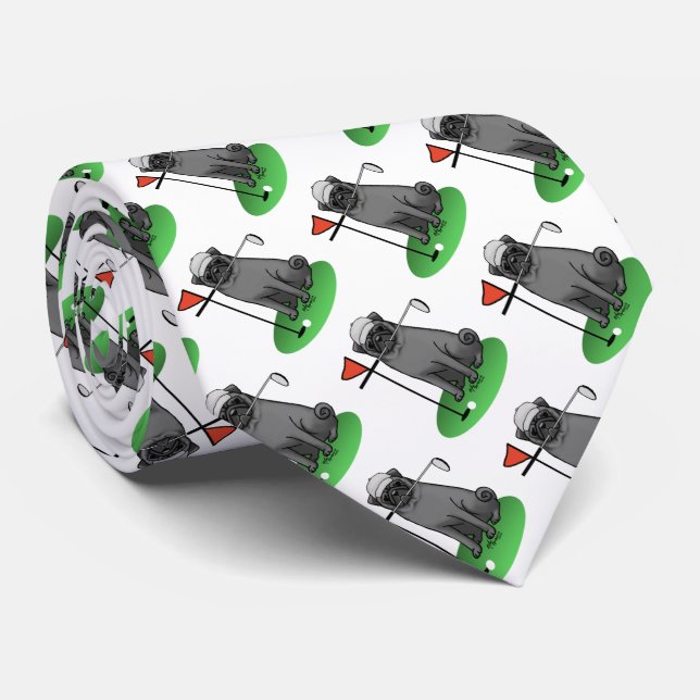 Golf Pug Playing Golf (black) Cute Dog Funny Tie (Rolled)