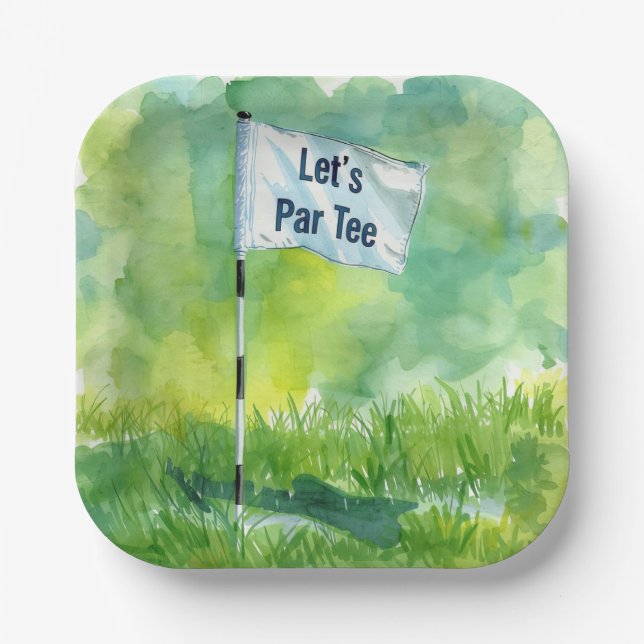 Golf putting green with flag let par tee paper plate (Front)