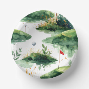 Golf Putting Green with red flag Paper Plate
