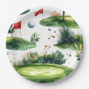 Golf Putting Green with red flag Paper Plate