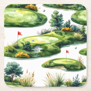 Golf Putting Green with red flag Square Paper Coaster