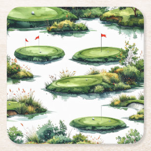 Golf Putting Green with red flag Square Paper Coaster