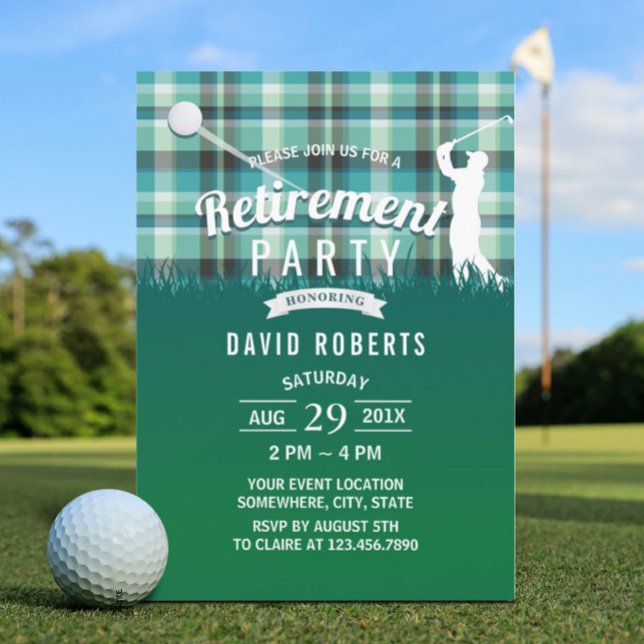 Golf Retirement Party Green Gingham Invitation (Creator Uploaded)