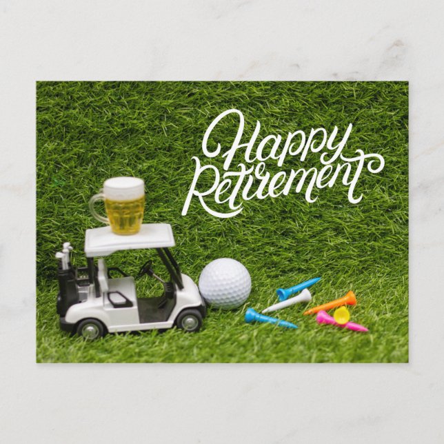 Golf retirement with beer on golf cart  postcard (Front)