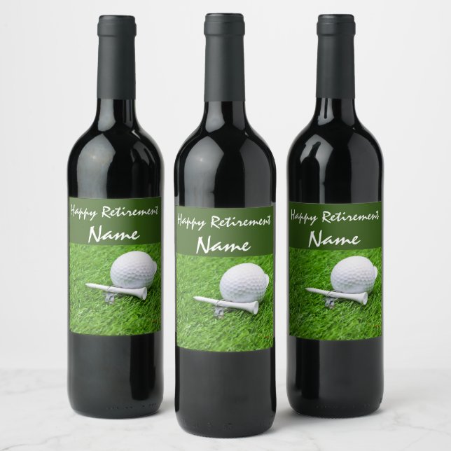 Golf retirement with golf ball and tee on green wine label (Bottles)
