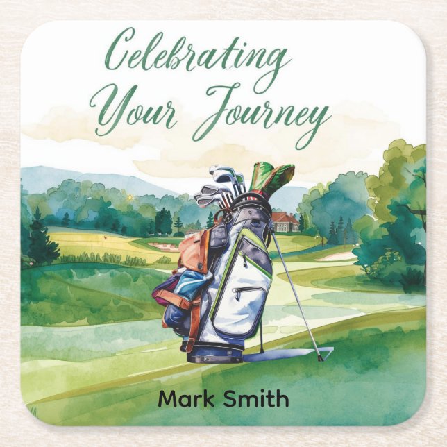 Golf Retirement with golf themed  Square Paper Coaster (Front)