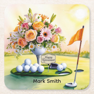 Golf Retirement with golf themed  Square Paper Coaster