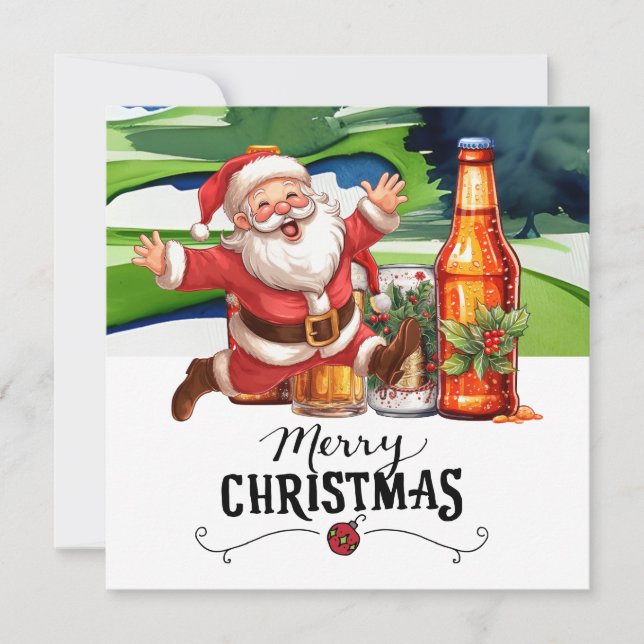 Golf Santa and Beer for Christmas Funny Golfer  Holiday Card (Front)