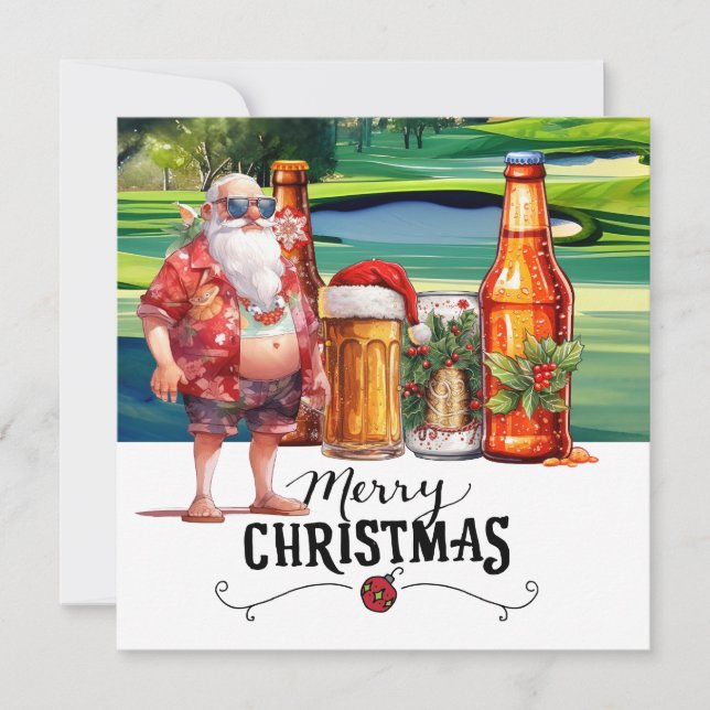 Golf Santa and Beer for Christmas Funny Summer Holiday Card (Front)