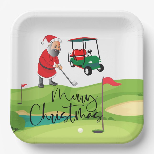  Golf Santa Claus golfer Merry Christmas on Green  Paper Plate (Front)