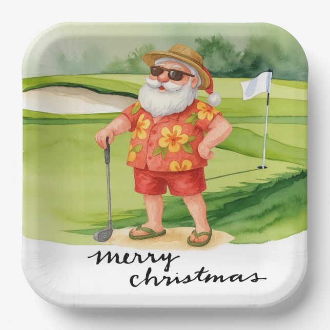 Golf  Santa Claus golfing Christmas Themed  Paper Plate (Front)