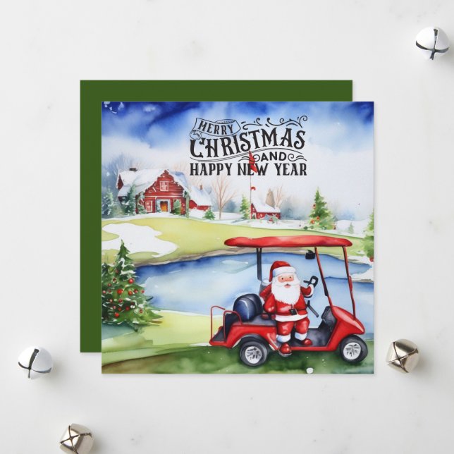 Golf  Santa Claus golfing for Christmas  Holiday Card (Front/Back In Situ)