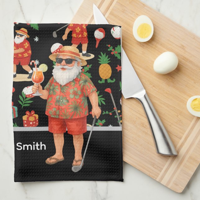 Golf Santa Claus golfing Summer Hawaiian themed Tea Towel (Quarter Fold)