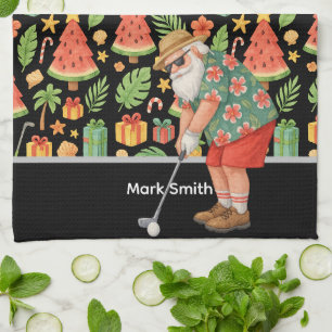 Golf Santa Claus golfing Summer Hawaiian themed Tea Towel