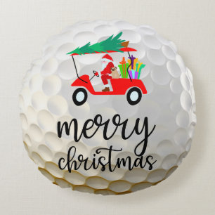 Golf Santa Claus ride red cart Christmas Tree   Round Cushion