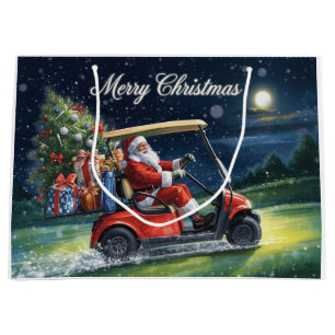 Golf Santa Claus Riding Red Cart Christmas Holiday Large Gift Bag