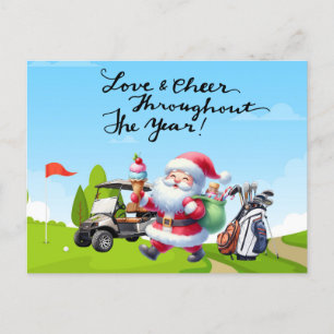 Golf Santa Claus with Golf cart and bag Christmas Holiday Postcard