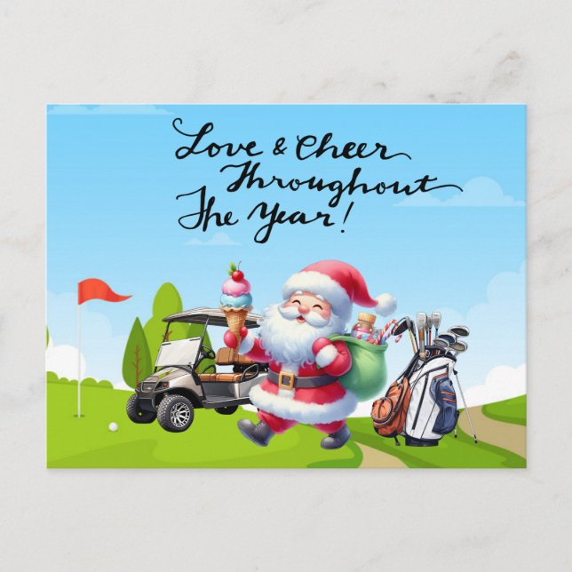 Golf Santa Claus with Golf cart and bag Christmas Holiday Postcard (Front)