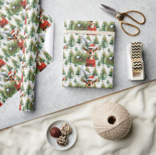 Golf Santa Deer at Golf Flag Christmas Background Wrapping Paper