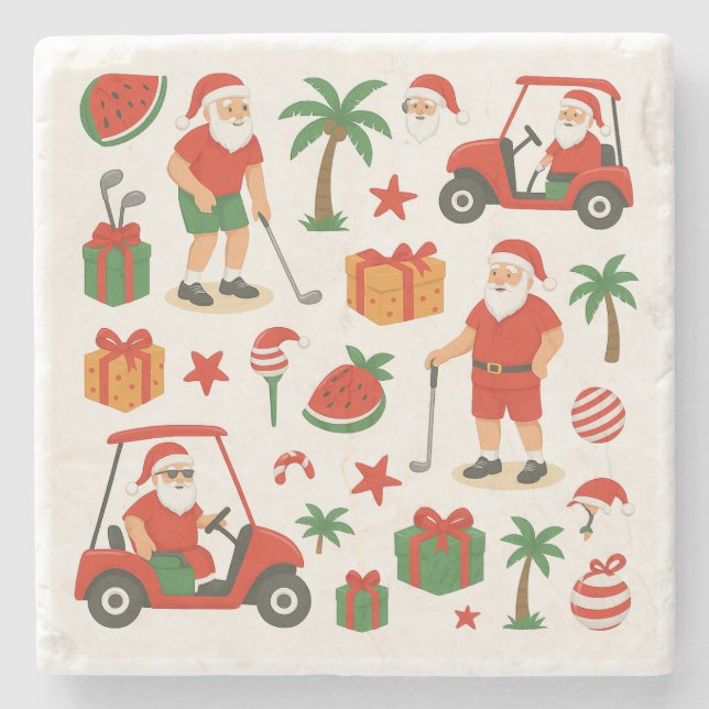 Golf Santa Golfing for Christmas Summer July  Stone Coaster (Front)