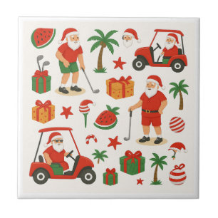 Golf Santa Golfing for Christmas Summer July Tile